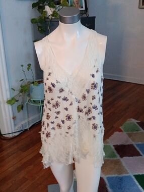 Free People Ivory Floral Lace-Trim Camisole with Purple Print